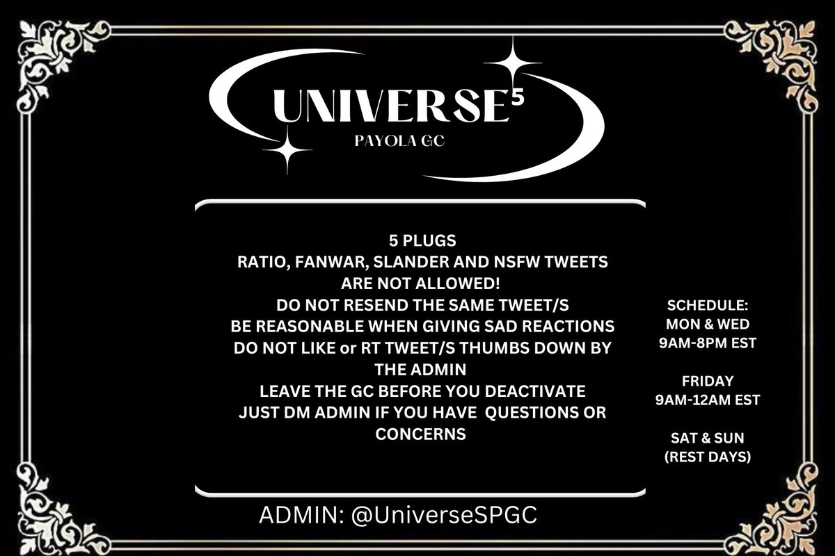 UNIVERSE⁹ STRICT HYPE/PROMO/PAYOLA GC IS RECRUITING ACTIVE MEMBERS! #X🪐

🜸Anyone can join
🜸 50+  likes guaranteed
🜸RT AND REPLY @ to be added
🜸MBF: <a href="/UniverseSPGC/">UNIVERSE⁵🖤</a>
🜸(Make sure dms are open)
