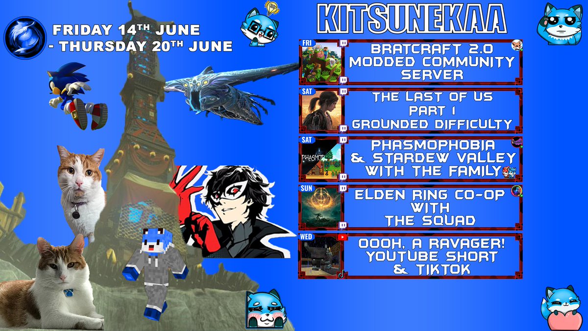 Kitsune_Kaa's tweet photo. New Week, New Schedule.

Friday: BratCraft 2.0 Community Server
Saturday Afternoon: The Last of Us Part 1
Saturday Evening: Phasmophobia &amp; Stardew Valley with @obsessivenight
Sunday: Elden Ring with @DejayTheDon
Wednesday: Surprise Ravager YouTube Short &amp; Tiktok https://t.co/muFwCWJvJx