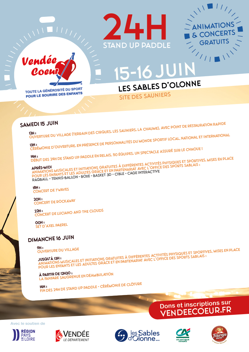 𝑪'𝒆𝒔𝒕 𝒍𝒆 𝒋𝒐𝒖𝒓 𝑱 !
Pour le départ à 14h des 24h de relai en stand up 
Pour l'ouverture du village (12h), des animations sportives et des concerts 
Et bien sûr, dernière ligne droite pour la course aux dons !
vendee.coeur-fde.fr/faire-un-don