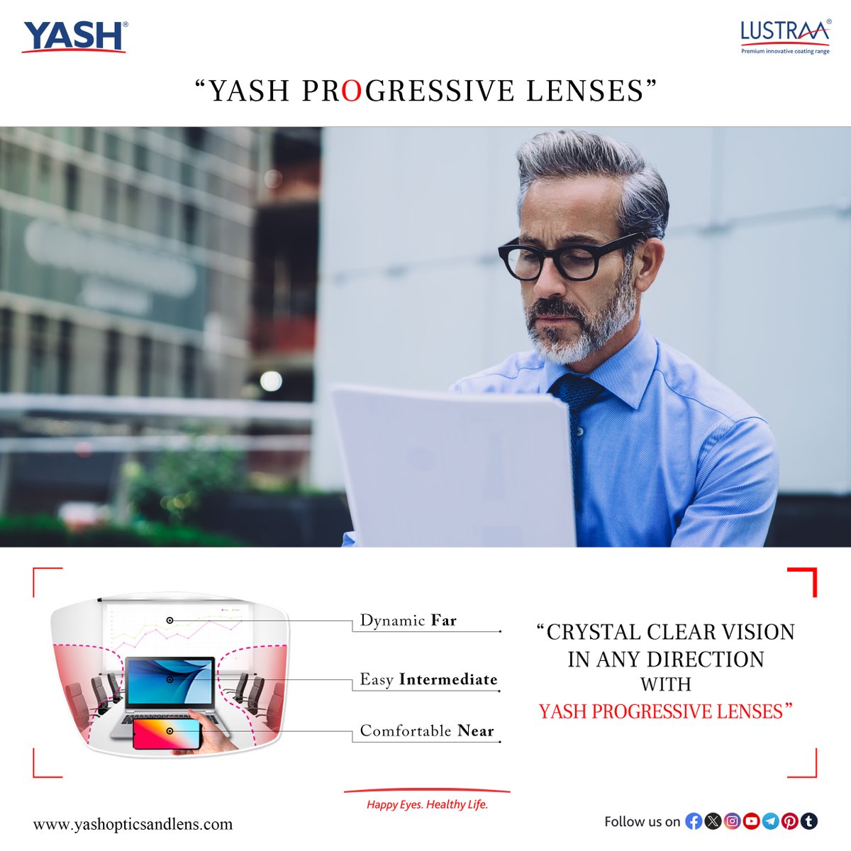 YashOandL's tweet photo. Excellence #VisualComfort in all #Directions with #YashProgressiveLenses.
An extremely adaptable #progressivelens helps you to achieve more comfort at Mid-Near-Far, with an effortlessly #focused and #sharpvision.
Exclusively available with #YashOpticsandLensLimited. https://t.co/imAcOes2lH