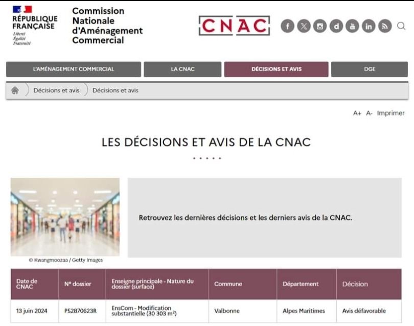 La Commission Nationale d'Aménagement Commercial a rendu un avis défavorable à l'Autorisation d'Exploitation Commerciale pour le projet de Centre Commercial Opensky nouvelle formule dite Village de Sophia à Valbonne.