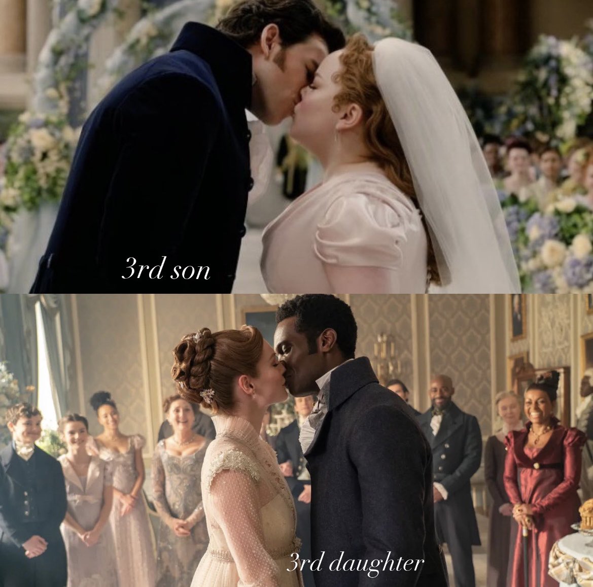 Janaroxynelson's tweet photo. #Bridgerton interesting how first the eldest girl👑 & boy🐝 got married, followed by the 3rd son🪞 & daughter🎹. Next should be the 2nd girl & boy ⌛️= Benedict🎭 & Eloise💌. I really hope we get to see all the siblings’ happily ever afters🙏🏼❤️. #daphmon #kanthony #polin #franjohn https://t.co/elVFdCdDQF