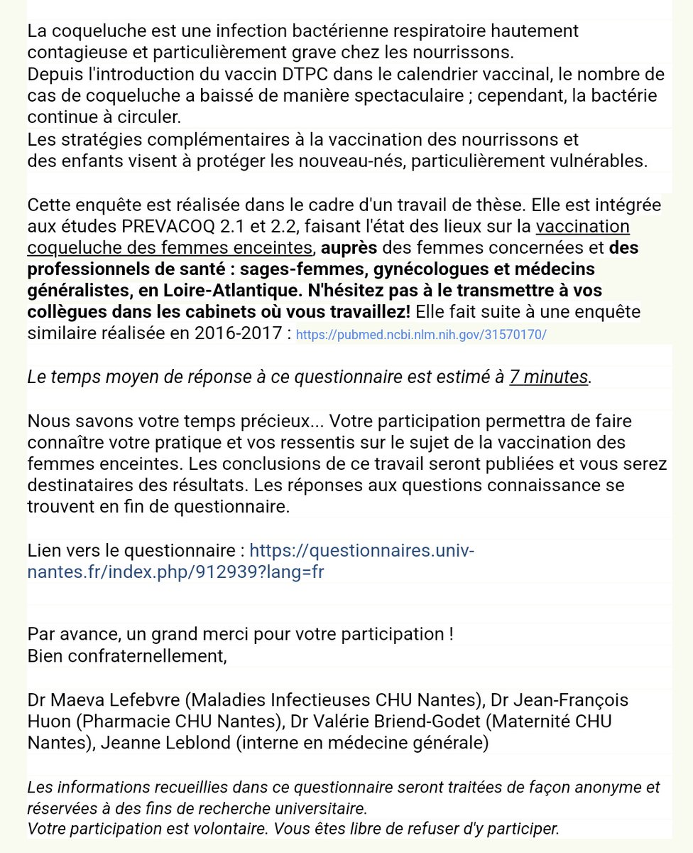 Fraslin's tweet photo. Travail de thèse de médecine générale. Merci de participer si vous êtes sages-femme, gynécologue ou médecin généraliste en Loire-Atlantique'
"Etat des lieux sur la vaccination coqueluche des femmes enceintes..."
https://t.co/8moMbmXyvy https://t.co/saNAwA6vz3