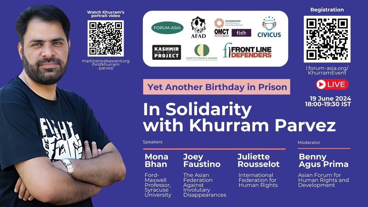AG (@ag_fidh) on Twitter photo #Kashmir: Important online event to mark <a href="/KhurramParvez/">Khurram Parvez</a>’s 47th birthday - The Kashmiri human rights defender has been arbitrarily detained without trial in #India since 22 November 2021 - Register here: zoom.us/webinar/regist… #Kashmir: Important online event to mark <a href="/KhurramParvez/">Khurram Parvez</a>’s 47th birthday - The Kashmiri human rights defender has been arbitrarily detained without trial in #India since 22 November 2021 - Register here: zoom.us/webinar/regist…