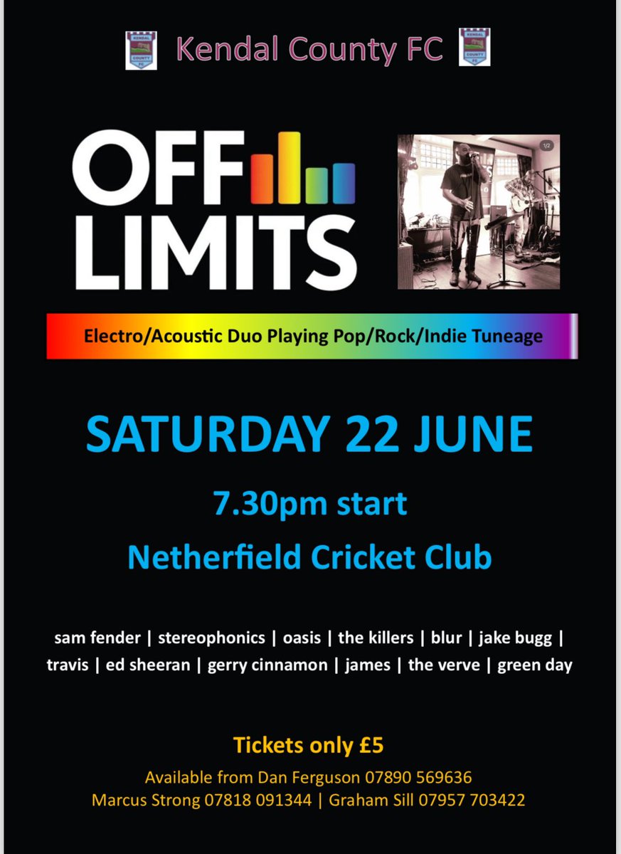 Only 6 tickets left for the Off Limits Band Night at <a href="/NetherfieldCC/">Netherfield Cricket Club</a> sponsored by <a href="/StramPress/">Stramongate Press</a> 

Contact numbers are on the poster! 💜🩵
