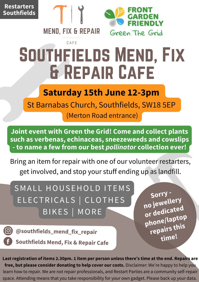 Head over to #Southfields Mend Fix &amp; Repair Cafe and <a href="/GreenTheGrid/">GreenTheGridSW18</a> TODAY @stbarnabasUK 12-3pm. Pick up free plants and bring your household items for repair. #SustainableSouthfields #GreatBigGreenWeek #volunteering 🌼🛠️🐞💚