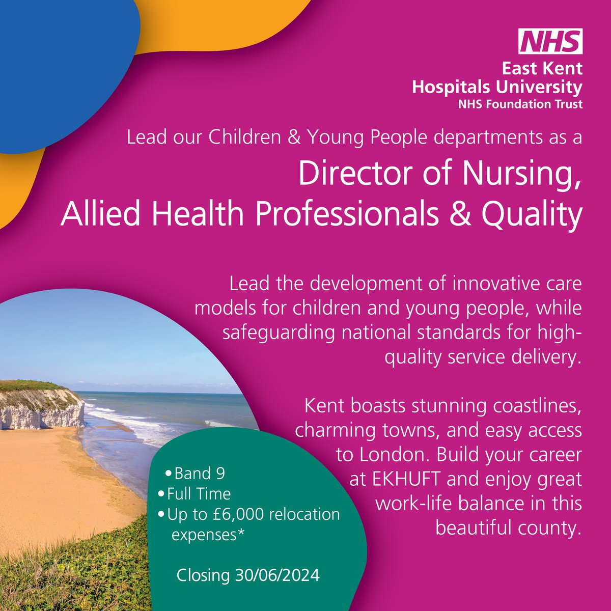 💙 We're seeking a Director of Nursing, AHPs &amp; Quality to champion innovation and ensure high quality care for children &amp; young people across Kent.

orlo.uk/DONAHPQ_hOU1S

#EKHUFT #NHSJobs #NHScareers #wearetheNHS #healthcarecareers #KentJobs #JobOpportunity #HealthcareHeroes