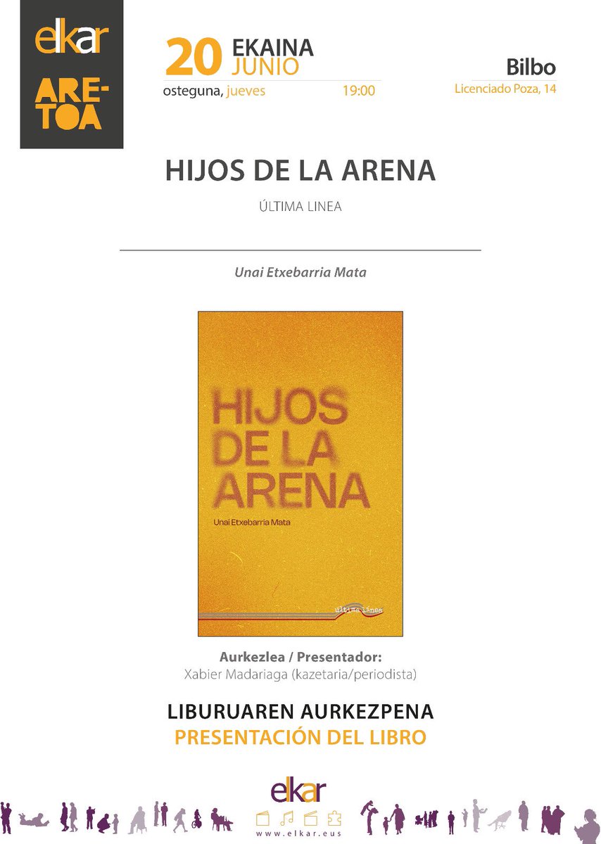 unetxeba's tweet photo. Este jueves 20 de junio estaremos presentando mi novela ‘Hijos de la arena’ con @xmadariagai en la Librería @elkar de Poza 14, en Bilbao. Apúrense!! https://t.co/s1SMeURFNN