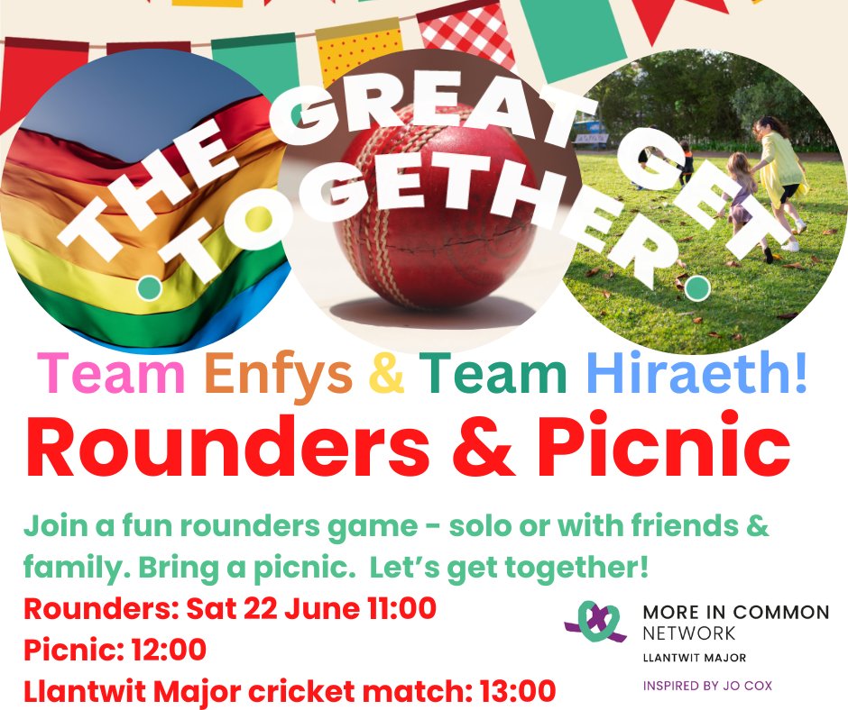 One week to go... 🥰
Great Get Together Rounders &amp; Picnic 🏏
Sat 22 June, 11am
Proudly part of #GreatGetTogether #PrideMonth #RefugeeWeek
Just bring a picnic Please RT 🏳️‍🌈
<a href="/great_together/">Great Get Together</a> <a href="/ValeSportsTeam1/">Vale Sports Team||Tim Chwaraeon y Fro</a> <a href="/LlantwitMajorFC/">CPD Llanilltud Fawr/Llantwit Major AFC</a> <a href="/Milers_Running/">Llantwit Major Milers Running Club</a> <a href="/LlantwitMajorSc/">LlantwitMajorSchool</a> <a href="/LlantwitC/">Llantwit Cavaliers</a> <a href="/GVolServices/">GVS</a>