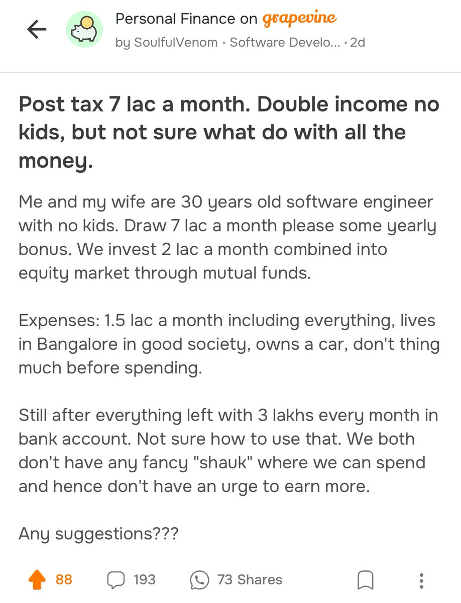 This is awesome 💪

Once upon a time it was only Indian Businessmen who would run into problems of excess

But today we’re seeing even some regular 30 year olds in the service class facing proper rich people problems :) 

193 comments: share.gvine.app/7XgUTQJ2h5Hvuj…