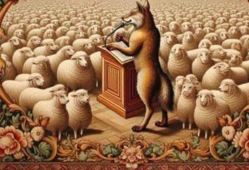 My dear folks. Once I am elected, I promise I will become a vegetarian &amp; I'll protect you from other carnivores, &amp; no fear for tomorrow there will be anymore.

politicians. 
They promise you to set up a bridge where there's neither river nor brook.

Deviousness in its finest. lol