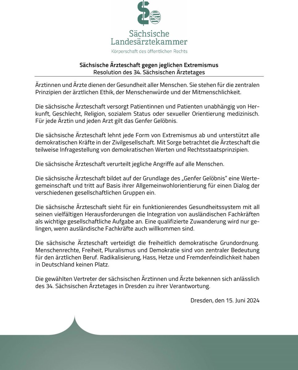 Sächsische Ärzteschaft verabschiedet Resolution gegen Extremismus