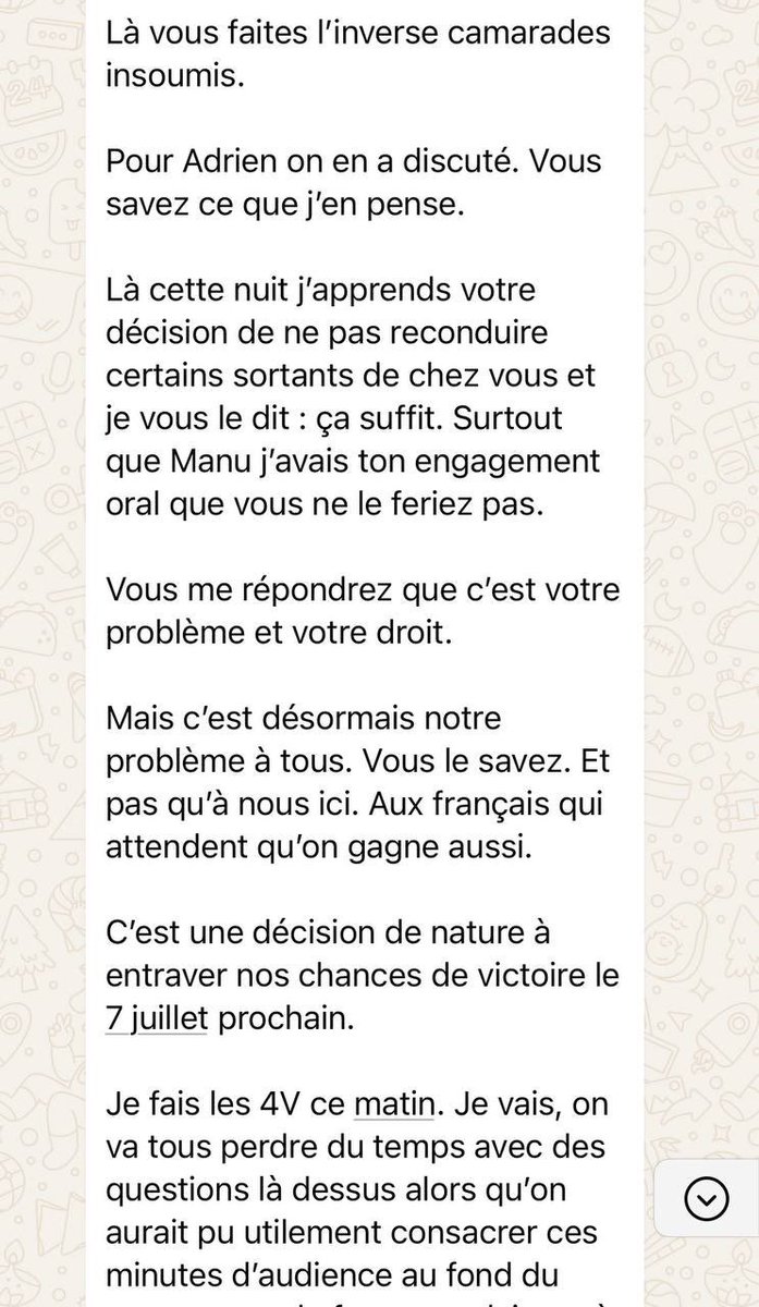SachaNelken's tweet photo. 🔴 Le message envoyé ce matin par Marine Tondelier aux chefs de partis du #FrontPopulaire. On y apprend notamment que Manuel Bompard s’était visiblement engagé oralement à ne pas « purger » certains députés sortants. @libe https://t.co/vkWPgWZv7u