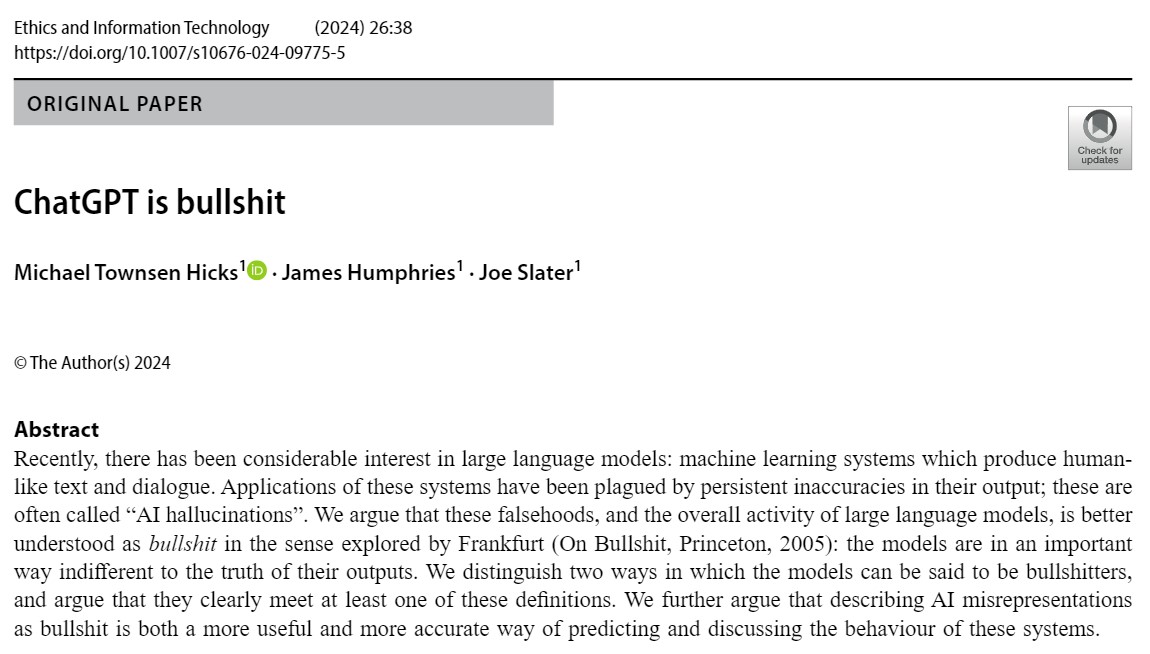 Does #ChatGPT fulfill the criteria of "bullshit" specified in the classic 2005 analysis of the phenomenon of bullshit by philosopher Harry G. Frankfurt? These authors argue that, yes, ChatGPT is, indeed, bullshit.

doi.org/10.1007/s10676…
press.princeton.edu/books/hardcove…