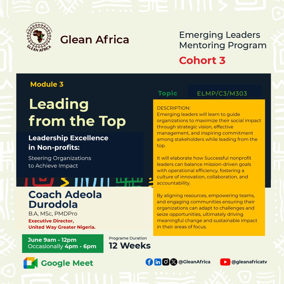 Today we are having @thisDeola at <a href="/GleanAfrica/">GLEAN AFRICA</a> ELMP. We are discussing, Leadership in non profits.