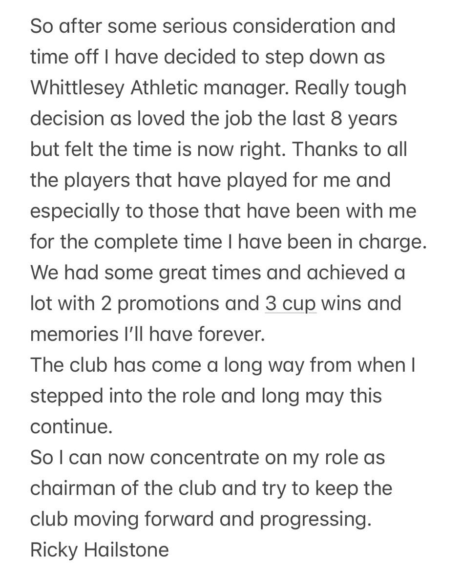 A statement from our Chairman and First Team Manager, Ricky Hailstone.