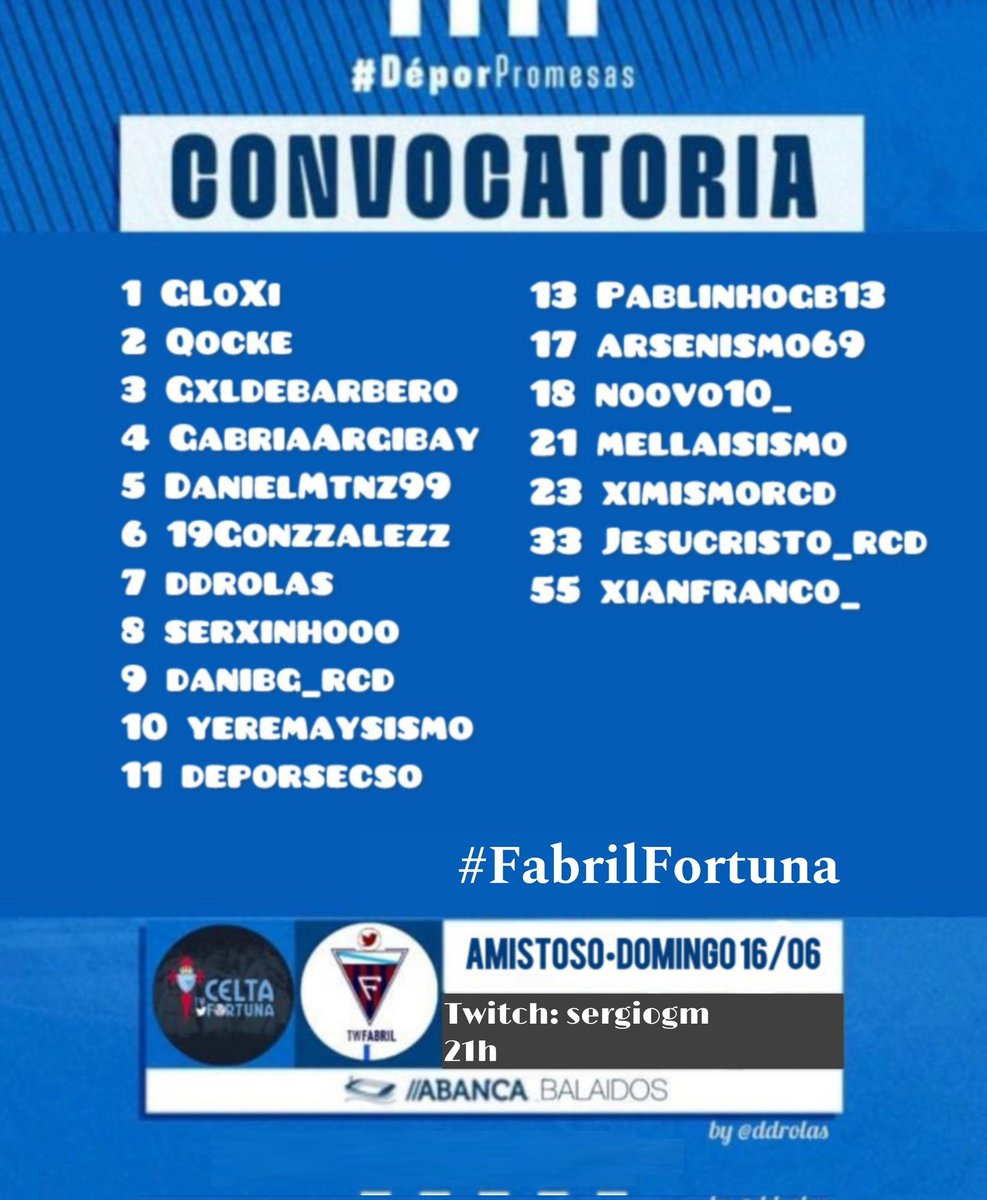 twfabril's tweet image. #OsNosos convocados para o derbi galego, o #FabrilFortuna de mañá ás 21 h. en Abanca Balaídos

Todos convocados para #ONosoDerbiB 💙🔥

📺: twitch.tv/sergiogm?sr=a

#FABRILAZO