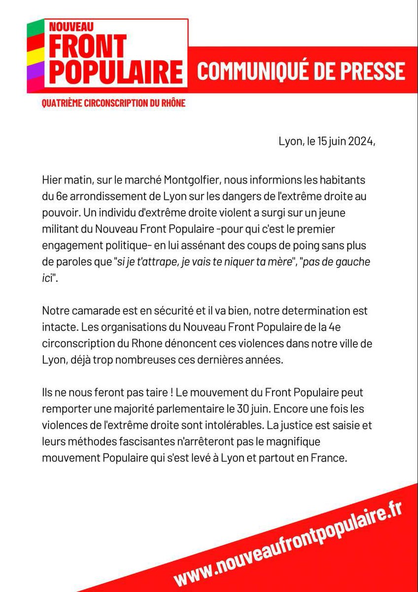 Hier un militant du Nouveau Front Populaire a été agressé sur un marché du 6e arrondissement de Lyon.

Soutien à lui.

L'extrême droite c'est la montée de la violence. La combattre est une urgence vitale.