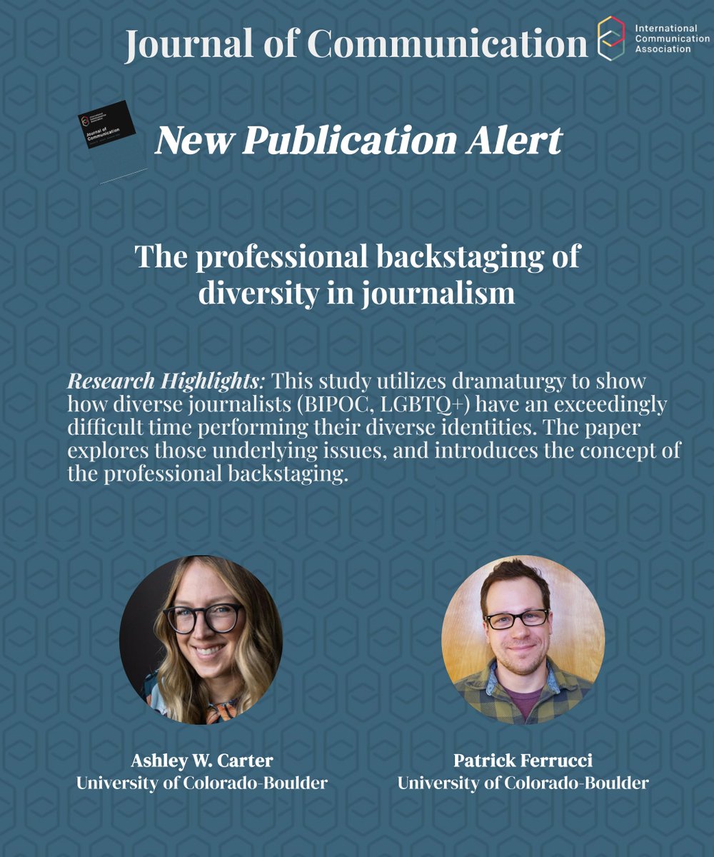 Journal of Communication (@journal_of_comm) on Twitter photo Pub Alert! Introducing new @Journal_of_Comm publication: “The professional backstaging of diversity in journalism”, by Ashley Carter <a href="/ashleywcarter/">Ashley W. Carter</a> and
Pat Ferrucci @patferrucci Read here: doi.org/10.1093/joc/jq…
<a href="/Journalism_ICA/">Journalism Studies / ICA</a> <a href="/ICALGBTQ/">ICA LGBTQ Studies Division 🏳️🌈🏳️⚧️</a> <a href="/icahdq/">International Communication Association</a> Pub Alert! Introducing new @Journal_of_Comm publication: “The professional backstaging of diversity in journalism”, by Ashley Carter <a href="/ashleywcarter/">Ashley W. Carter</a> and
Pat Ferrucci @patferrucci Read here: doi.org/10.1093/joc/jq…
<a href="/Journalism_ICA/">Journalism Studies / ICA</a> <a href="/ICALGBTQ/">ICA LGBTQ Studies Division 🏳️🌈🏳️⚧️</a> <a href="/icahdq/">International Communication Association</a>