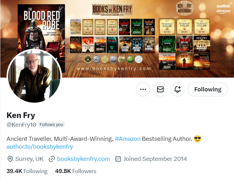 ❤️ ✍️📚 
We appreciate your support......
Ken Fry
<a href="/KenFry10/">Ken Fry</a>
Ancient Traveller. Multi-Award-Winning, #Amazon Bestselling Author. 😎
author.to/booksbykenfry
Surrey, UK  booksbykenfry.com