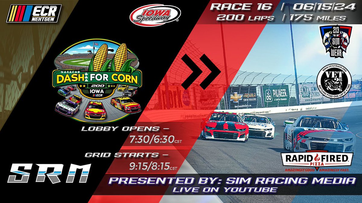 Raceday! Tonight, we head to <a href="/iowaspeedway/">Iowa Speedway</a> for 200 action-packed laps in the Dash for Corn 200!

<a href="/EliteWarMachine/">Tyler Birden</a> looks to make it 3 in a row! Will someone end his streak? Tune in and find out live at 9:10pm et as <a href="/SimRacingMedia1/">Sim Racing Media</a> call the race live on <a href="/YouTube/">YouTube</a>