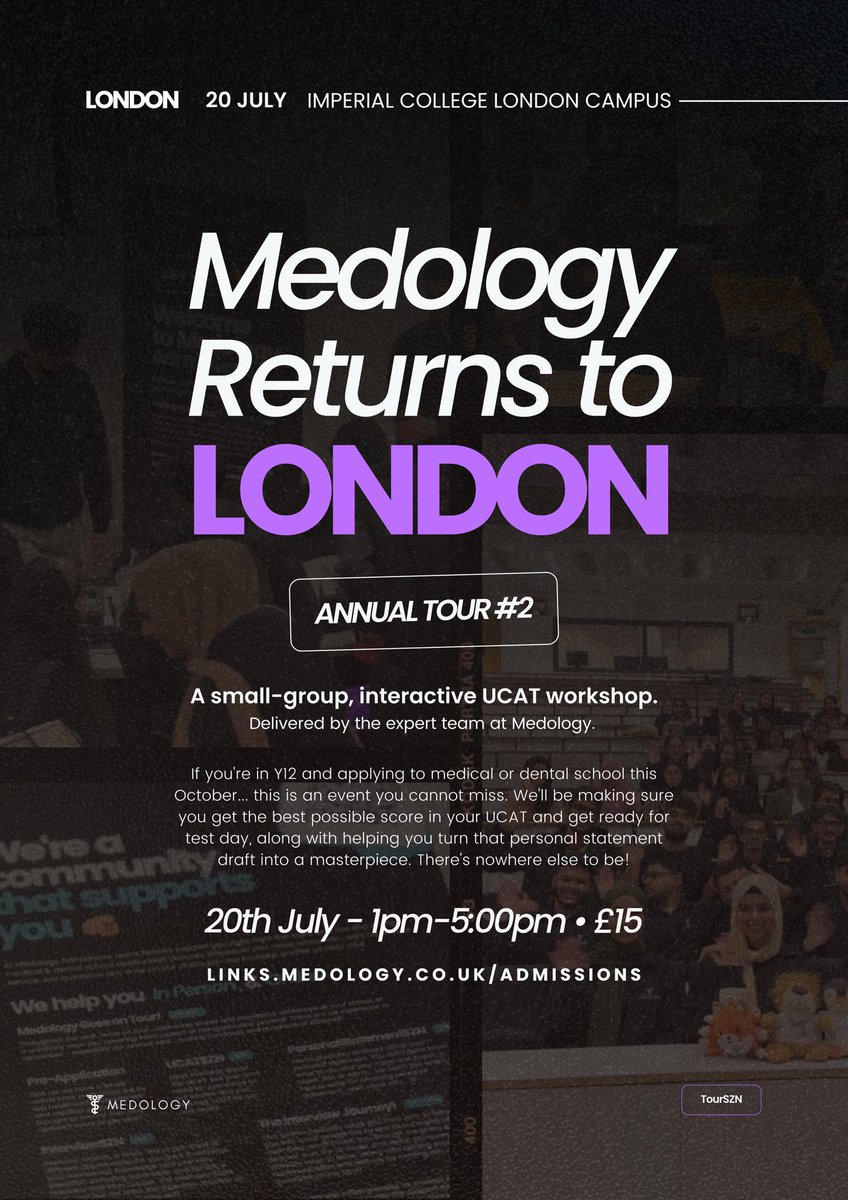 Summer TourSZN is back again at Medology Admissions, with our UCAT &amp; Personal Statement workshops for Y12 students in cities across the UK this summer. 🙈

Get all the details here…

eventbrite.co.uk/o/medology-337…

And we’ll see you there. 😏