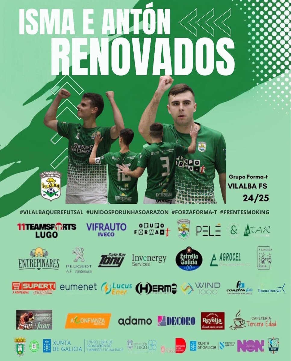 vilalba_fs's tweet photo. 𝐈𝐒𝐌𝐀 𝐄 𝐀𝐍𝐓𝐎́𝐍 𝟐𝟎𝟐𝟒/𝟐𝟎𝟐𝟓 

✍️ Isma e Antón renovan o seu compromiso co Grupo Forma-t Vilalba 

Como non podía ser doutro xeito, os dous xogadores vilalbeses e capitáns do primeiro equipo seguirán na sua casa a vindeira tempada na 𝟐ª𝐃𝐈𝐕𝐈𝐒𝐈𝐎𝐍 𝐁 💚 https://t.co/4xDRL1JEt2