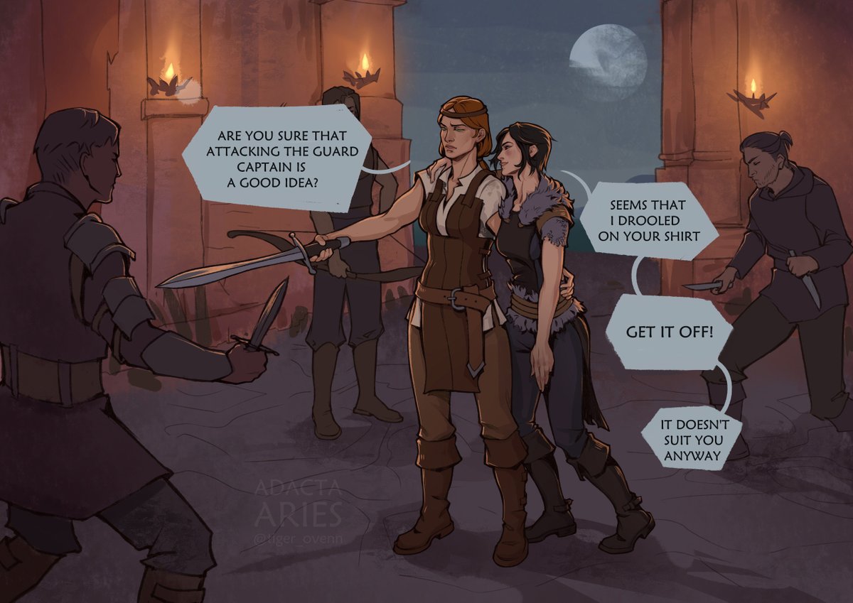 tiger_ovenn's tweet photo. Friendship is… When she is guiding you through the Lowtown despite you being completely drunk and speaking nonsense  
#dragonage #da2 #Hawke #Aveline https://t.co/VF6w1dUX7X