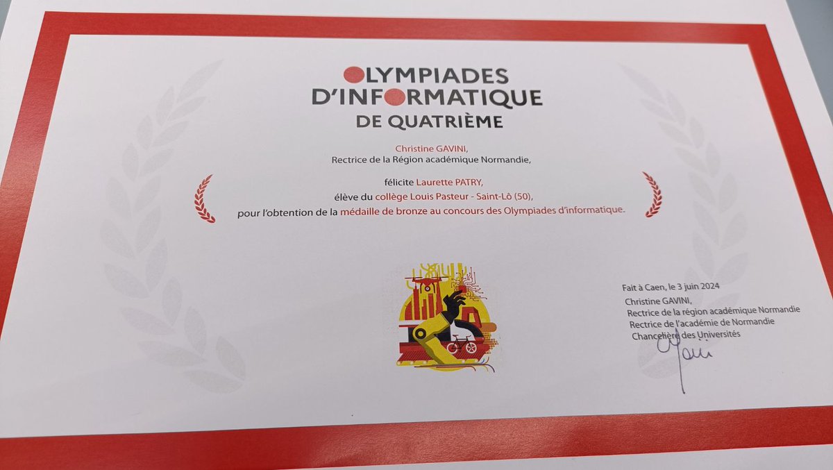 ClgPasteurStlo's tweet photo. [OLYMPIADES D'INFORMATIQUE]

S'étant classée 3ème sur l'ensemble de l'@ac_normandie, notre équipe - composée de Laurette PATRY, Louis LETERRIER et Lisa TOSTAIN - a pris part à la cérémonie de remise des prix à l'UFR Sciences et Techniques du Havre. 

Félicitations !!! 🥉 https://t.co/lQV44JuXTt