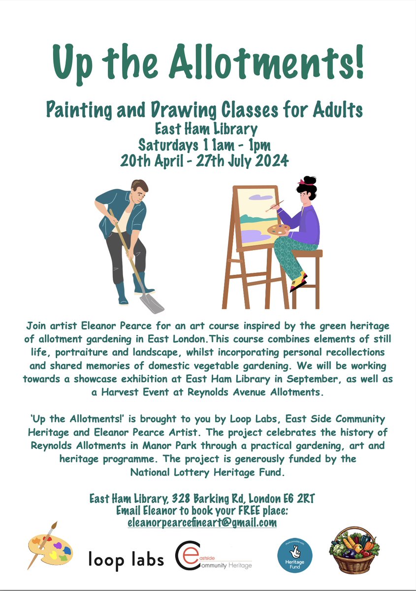 Eleanor Pearce (@eleanorpearce) on Twitter photo Join the 'Up the Allotments!' project! Places have become available for the adults art course at East Ham Library, it's FREE! Saturdays: 11am - 1pm bookings: eleanorpearcefineart@gmail.com
UTA! is generously supported by <a href="/HeritageFundUK/">The National Lottery Heritage Fund</a>
With partners <a href="/l00plabs/">LOOP LABS</a> & <a href="/EastsideCH/">Eastside Community Heritage</a> Join the 'Up the Allotments!' project! Places have become available for the adults art course at East Ham Library, it's FREE! Saturdays: 11am - 1pm bookings: eleanorpearcefineart@gmail.com
UTA! is generously supported by <a href="/HeritageFundUK/">The National Lottery Heritage Fund</a>
With partners <a href="/l00plabs/">LOOP LABS</a> & <a href="/EastsideCH/">Eastside Community Heritage</a>