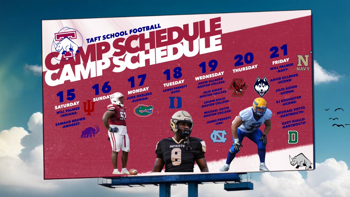 Taft Football (@taftfootballct) on Twitter photo Week 3⃣
<a href="/will72palmer/">Will Palmer</a> <a href="/IndianaFootball/">Indiana Football</a> <a href="/NavyFB/">Navy Football</a>
<a href="/SamaadBrown/">Samaad Brown</a> <a href="/AmherstCollFB/">Amherst College Football</a>
<a href="/JudeOkeleke1/">Jude Okeleke 2026 3⭐️ DT</a> <a href="/GatorsFB/">Florida Gators Football</a>
<a href="/JamesPenkett/">James Penkett ‘2026</a> <a href="/DukeFOOTBALL/">Duke Football</a> <a href="/UNCFootball/">Carolina Football</a>
<a href="/JAidoo24/">Josiah "JoJo" Aidoo</a> <a href="/Calvin_Kulik/">Calvin Kulik</a> <a href="/sillberg1/">Arvid Sillberg</a> <a href="/MichaelVotto11/">Michael Votto †</a>
<a href="/BCFootball/">Boston College Football</a>
<a href="/ejrochester4/">EJ Rochester</a> <a href="/UConnFootball/">UConn Football</a>
<a href="/ozzydiallo/">Ozzy Diallo 6’3 235 LB/ATH 2025</a> <a href="/DartmouthFTBL/">Dartmouth Football</a>
#gorhinos🦏🆙 Week 3⃣
<a href="/will72palmer/">Will Palmer</a> <a href="/IndianaFootball/">Indiana Football</a> <a href="/NavyFB/">Navy Football</a>
<a href="/SamaadBrown/">Samaad Brown</a> <a href="/AmherstCollFB/">Amherst College Football</a>
<a href="/JudeOkeleke1/">Jude Okeleke 2026 3⭐️ DT</a> <a href="/GatorsFB/">Florida Gators Football</a>
<a href="/JamesPenkett/">James Penkett ‘2026</a> <a href="/DukeFOOTBALL/">Duke Football</a> <a href="/UNCFootball/">Carolina Football</a>
<a href="/JAidoo24/">Josiah "JoJo" Aidoo</a> <a href="/Calvin_Kulik/">Calvin Kulik</a> <a href="/sillberg1/">Arvid Sillberg</a> <a href="/MichaelVotto11/">Michael Votto †</a>
<a href="/BCFootball/">Boston College Football</a>
<a href="/ejrochester4/">EJ Rochester</a> <a href="/UConnFootball/">UConn Football</a>
<a href="/ozzydiallo/">Ozzy Diallo 6’3 235 LB/ATH 2025</a> <a href="/DartmouthFTBL/">Dartmouth Football</a>
#gorhinos🦏🆙