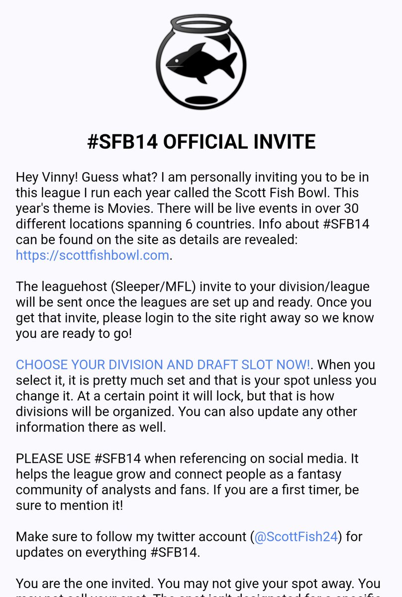 Big news, WE'RE BACK! Excited to be part of the amazing #SFB14 and alongside <a href="/mjtanhauser/">Matt Tanhauser</a> . As always, big thanks to <a href="/ScottFish24/">Scott Fish</a> <a href="/FantasyCaresOrg/">Fantasy Cares #fantasycares</a> and the community for making this such an awesome experience and event