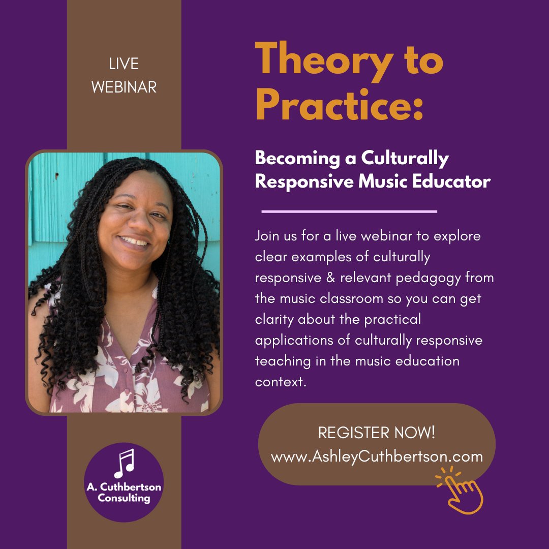 ACuthbertson10's tweet image. 📢​Join me on Monday, June 24th for my newest webinar for K-12 music educators, “Theory to Practice: Becoming a Culturally Responsive Music Educator&quot;

Check out all the info and register today!: ashleycuthbertson.com/theory-to-prac…