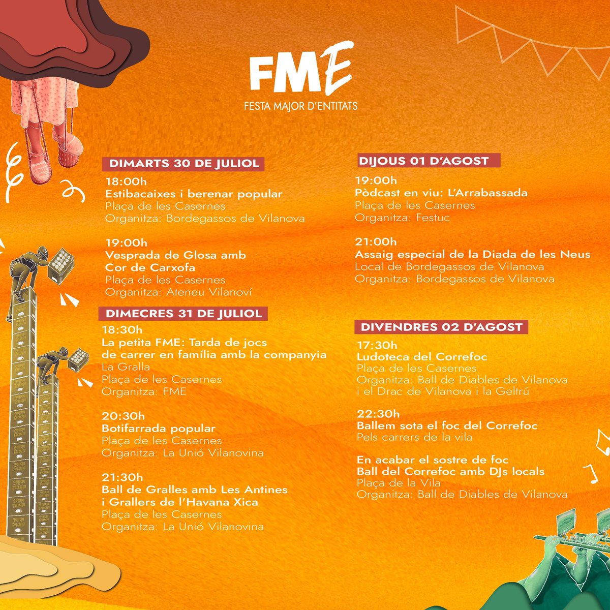 ✨ FME 2024 ✨

Continuem oferint una programació vinculada a la
Festa Major i adreçada a tothom amb un ample ventall
d'activitats culturals al carrer.

📍Ens veiem del 30 de juliol al 5 d'agost a la plaça 
de les Casernes!

#FestaPopular #CulturaGratuïta #FME24
