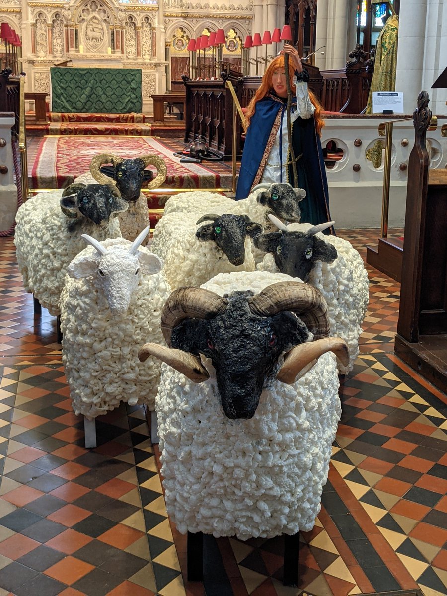 St Brigid with her flock at of horned sheep at St Columbs cathedral 
Derry for Festival of the Cloaks 
#sheepart #irishart