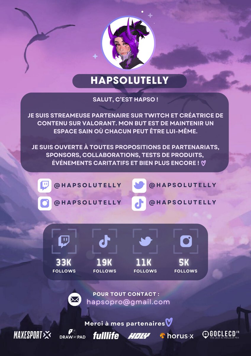 ✧.* MEDIA KIT .*✧  

Salut les copains🌺  
Moi c'est Hapso, partenaire Twitch et créatrice de contenu sur Valorant ! Je suis ouverte à toutes propositions de partenariats, sponsors, événements et plus encore ☁️

-`♡´-
✧ twitch.tv/hapsolutelly
✧ linktr.ee/hapso