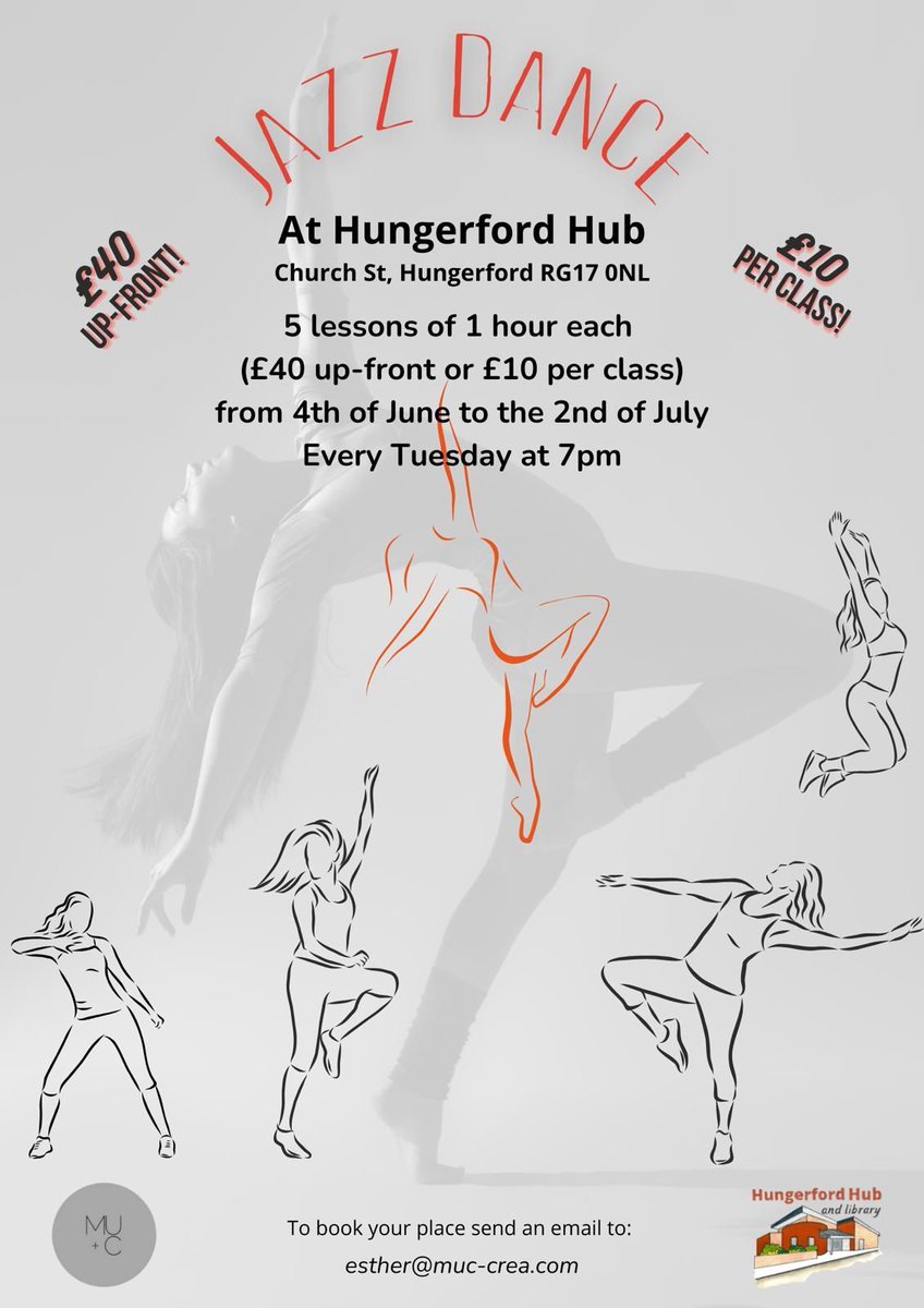Hungerford Hub (@hungerfordhub) on Twitter photo Spaces still available in the JAZZ DANCE Course being held at the HUB on Tuesday evenings 7pm.
Drop in spaces available £10 per class.
Come along and have some fun learning a routine with Esther.
Email: Esther@muc-crea.com Spaces still available in the JAZZ DANCE Course being held at the HUB on Tuesday evenings 7pm.
Drop in spaces available £10 per class.
Come along and have some fun learning a routine with Esther.
Email: Esther@muc-crea.com