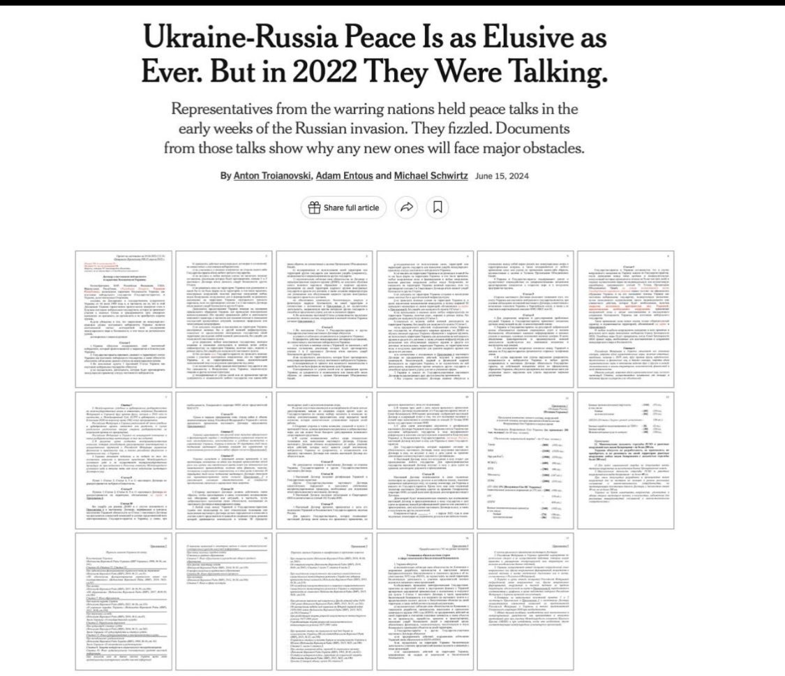 NYT опублікувало повну версію Стамбульської капітуляції Зеленського. Основні пункти:
- Крим російський
-  Не вступ до НАТО
- Московська мова офіційна
- Відміна антіроссанкцій
- Обмеження чисельності ЗСУ та озброєнь.
Арахамія казав, Борис Джонсон завадив Зе підписати цей договір.
