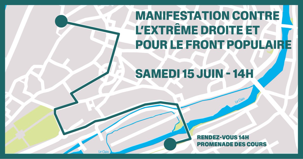 ✊ Vous souhaitez rejoindre la manifestation contre l'extrême droite et pour le Front Populaire, à l'appel de 7 syndicats ? 

📍 Rendez-vous à 14h Promenade des cours à #Poitiers, ou tout au long du parcours !