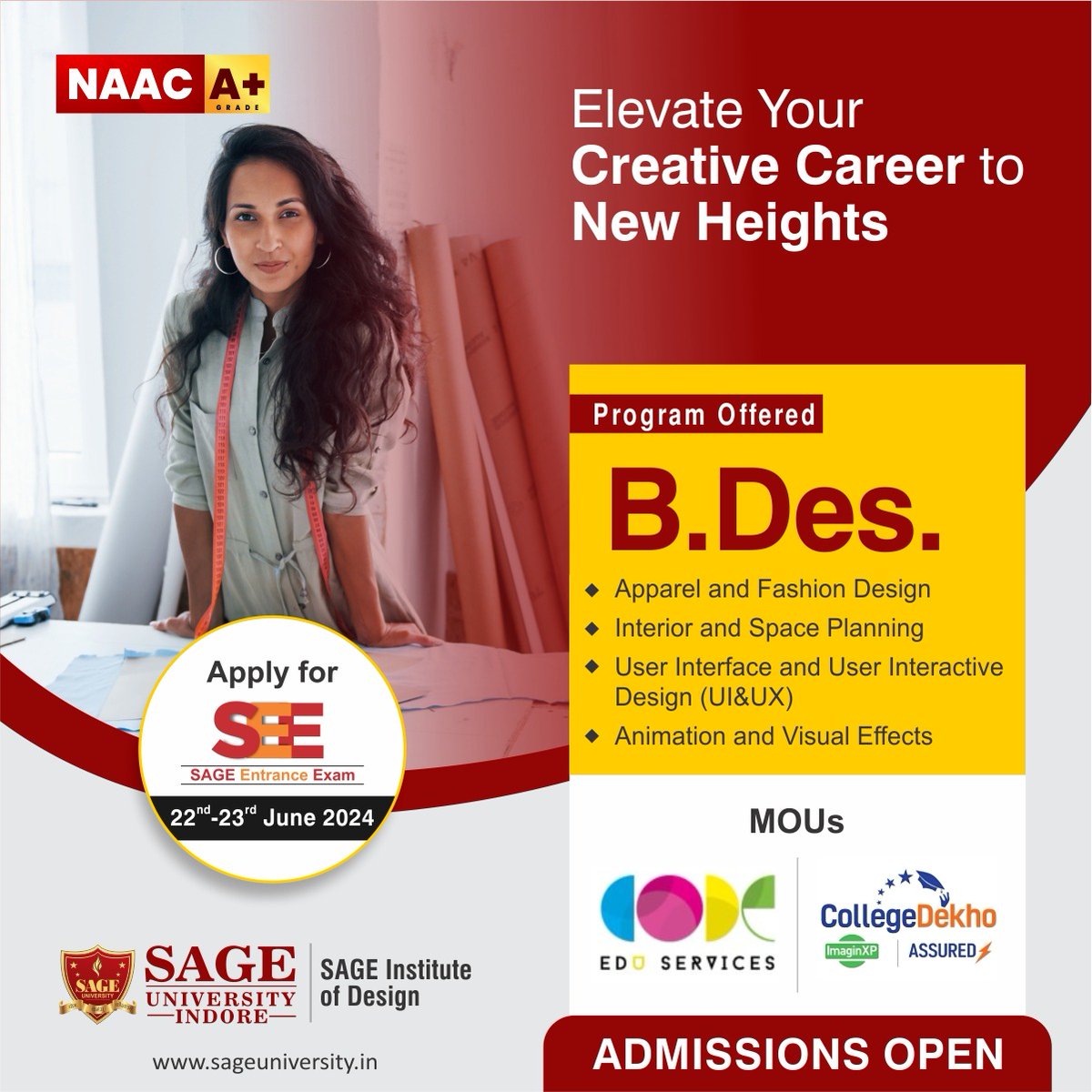 SAGE_INDORE's tweet photo. Unleash your creativity at SAGE Institute of Design! Our specialized academic framework, industry alliances & skilled faculty are dedicated to shaping your future in #Design
Apply for #SEE
🌐: https://t.co/DVWJBJOwKQ
-
#BDes #AdmissionsOpen #SAGEUniversityIndore #SAGEIndore https://t.co/NUmMwqIUH9