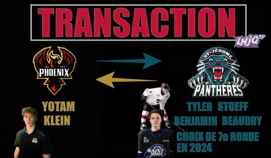 ALERTE TRANSACTION 🔄

Nos Panthères ont échangé Yotam Klein au Phoenix de Montréal en retour du défenseur de 20 ans Tyler Stoeff , l'attaquant Benjamin Beaudry et un choix de 7e ronde au repêchage de 2024.

Bienvenue dans la grande famille des Panthères Tyler et Benjamin 🤝