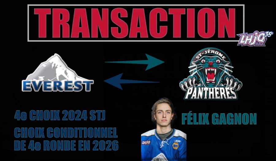 ALERTE TRANSACTION 🔄

Nos Panthères ont acquis de L'Everest Côte-du-Sud, l'attaquant de 20 ans Félix Gagnon en retour de choix au repêchage 2024 et 2026.

Bienvenue dans la grande famille des Panthères Félix 🤝