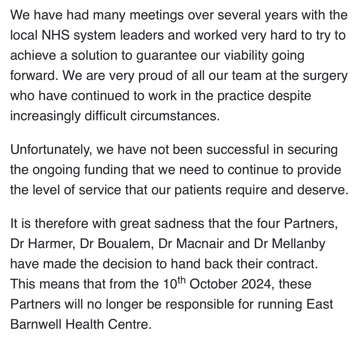 GP CRISIS 

Cambridge GP practice handing back their contract 

We have been warning about this for years the tipping point has been reached

<a href="/wesstreeting/">Wes Streeting</a> <a href="/UKLabour/">The Labour Party</a> <a href="/libdemdaisy/">Daisy Cooper MP 🔶</a> <a href="/LibDems/">Liberal Democrats</a> 

Statement below 👇🏼
eastbarnwellhealthcentre.co.uk/important-anno…