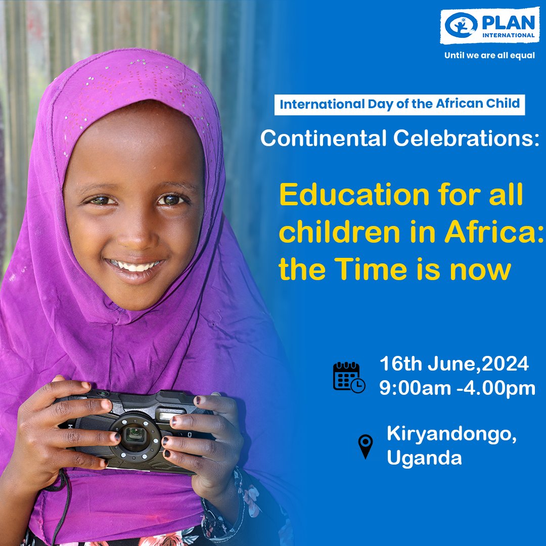 PlanMEESA's tweet photo. 📢 Join us on 16th June 2024 in Kiryandongo district, Uganda, for the #InternationalDayoftheAfricanChild! Celebrating "Education for all children in Africa: The Time is now." Let's unite for equal education opportunities! 📚✨

#DayoftheAfricanChild #DAC #DAC2024 https://t.co/lJs01AyEXX