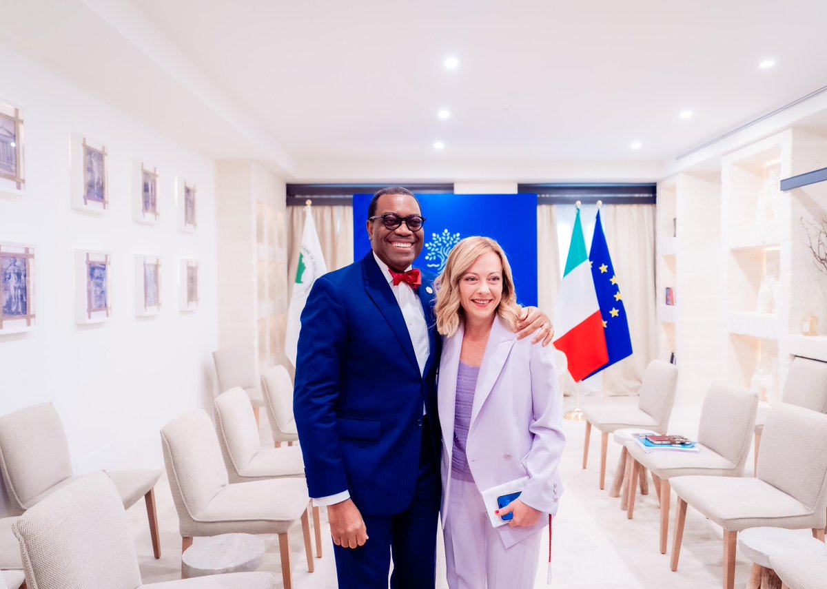 akin_adesina's tweet photo. Excellent meetings with the Prime Minister of Italy, ⁦@GiorgiaMeloni⁩ at the G7 Summit. The ⁦@AfDB_Group⁩ will implement Italy’s multi-donor special fund of €100 million with the UAE ($25 million) and a €140 million Mattei plan bilateral arrangement with Africa. https://t.co/6o8CP2R63D