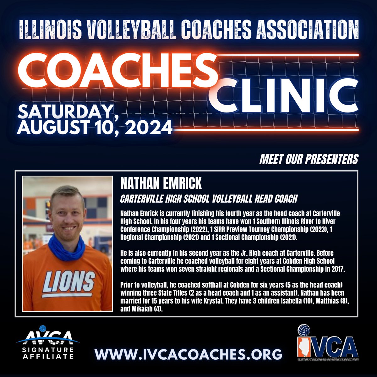 Meet our 2024 IVCA Clinic Presenters! 🔵🏐🟠
Breakout Session Presenter: Nathan Emrick (Carterville High School Head Volleyball Coach) Early Registration Is open at ivcacoaches.org. See you at Bolingbrook High School August 10th Illinois! #IllinoisGrown <a href="/CartervilleVB/">Carterville_VB</a>