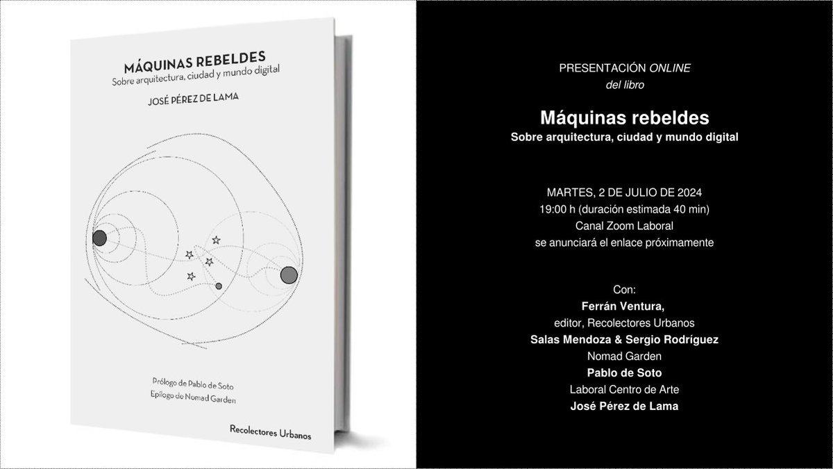 El próximo 2 de julio haremos una presentación online de mi nuevo libro «Máquinas rebeldes». Con <a href="/rEcolectores/">rEcolectores urbanos</a> <a href="/pablodesoto/">Pablo de Soto</a> &amp; <a href="/Nomad_Garden/">NOMAD GARDEN</a>  
Iremos anunciando detalles para la conexión. Un espacio de ideas y amistad como dice nuestro amigo F. Jarauta :-)