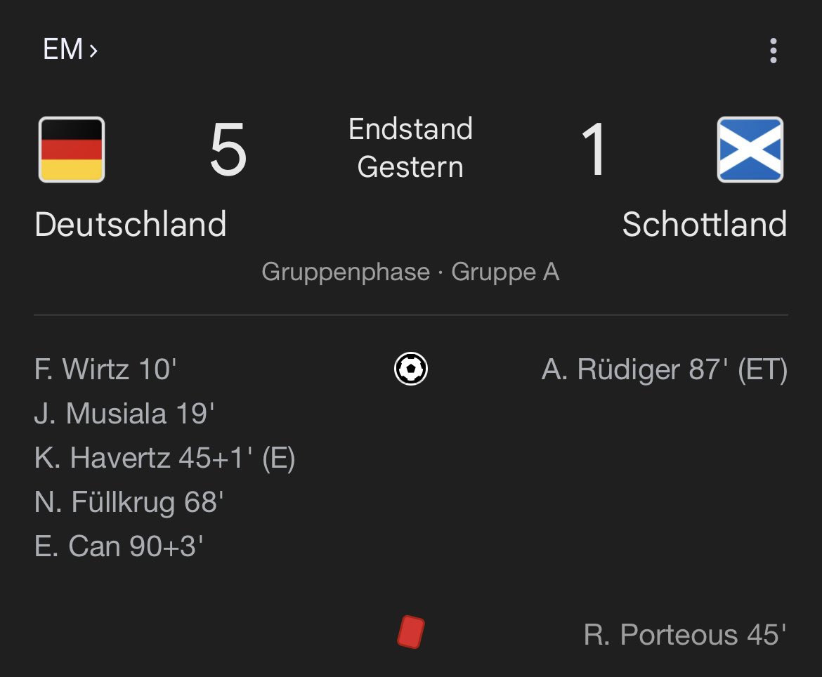 Wir werden fr Europameister!

Erstes Spiel 2014: TD 4
Erste Spiel 2024: TD 4

und jeweils ne Rote Karte in HZ 1 

10 Jahre unterschied