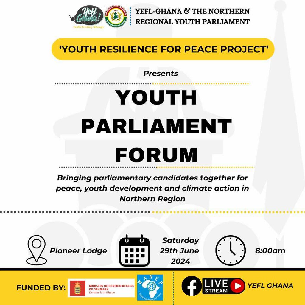 Youth of Tamale to dialogue with the NPP and NDC parliamentary candidates from the Tamale south, North, Central and Sagnarigu constituencies on the 29th June, 2024.
<a href="/yeflgh/">YEFL-Ghana</a> 
<a href="/NRYN_GH/">Northern Regional Youth Network</a> 
<a href="/WANEP_Ghana/">WANEP-Ghana</a> <a href="/WANEP_Regional/">WANEP_Regional</a>