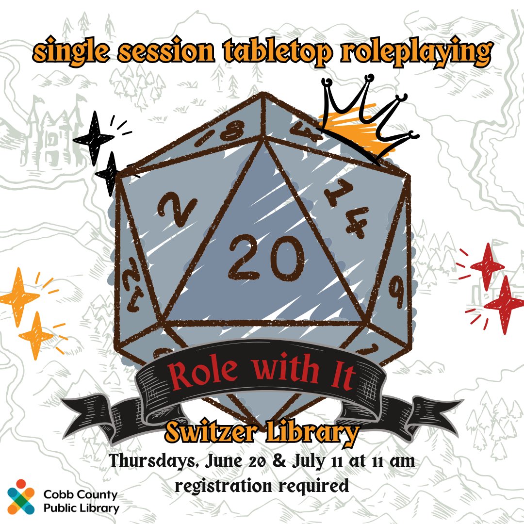 cobblibrary's tweet image. Role with it! Join us for a single session tabletop roleplaying event! Register at cobbcat.org/events.

#SwitzerLibrary | Thu, June 20 &amp;amp; July 11 | 11 am